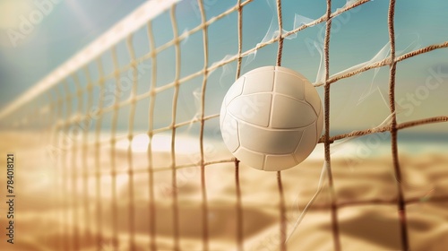 A realistic illustration of a volleyball net with a white ball depicts beach volleyball sport in a detailed and lifelike manner