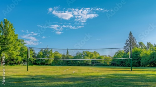 A volleyball net is suspended over a green sports field in a park on a clear summer day, providing a scenic and functional sport setting