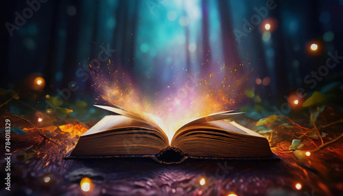 An open magic book with growing lights, magic powder and beautiful sparkles. A magical book with fiery sparks emanating from the open pages. against the backdrop of a magical forest. Generative AI.