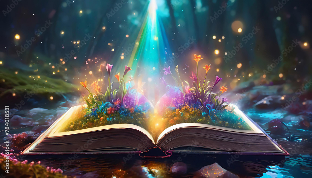 Fototapeta premium An open magic book with growing lights, magic powder and beautiful sparkles. Fairytale plants grow from the pages of a magic book. against the backdrop of a magical forest. Generative AI.