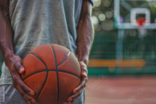 Basketball player holds basketball ball on a court. Generative AI © barmaleeva