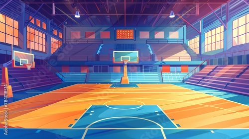 An empty basketball court cartoon illustration depicts an interior design of a sports hall equipped for team games with rings, electronic scoreboard, volleyball net