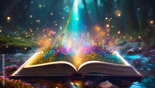 An open magic book with growing lights, magic powder and beautiful sparkles. Fairytale plants grow from the pages of a magic book. against the backdrop of a magical forest. Generative AI.