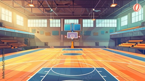 An empty basketball court cartoon illustration depicts an interior design of a sports hall equipped for team games with rings, electronic scoreboard, volleyball net photo