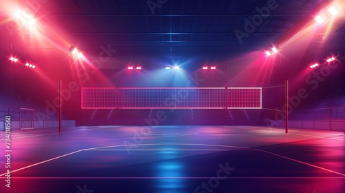 An illustration of a volleyball court arena field with bright stadium lights designed to enhance the visibility and ambiance of night matches photo