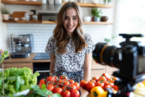 Beautiful young female health coach recording on a camera her blog about healthy eating. Generative AI © barmaleeva