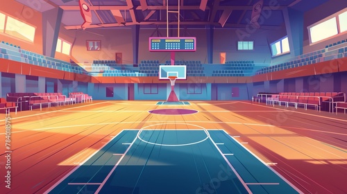 An empty basketball court cartoon illustration depicts an interior design of a sports hall equipped for team games with rings, electronic scoreboard, volleyball net photo