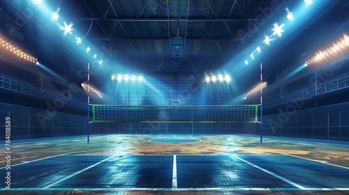 An illustration of a volleyball court arena field with bright stadium lights designed to enhance the visibility and ambiance of night matches © Orxan