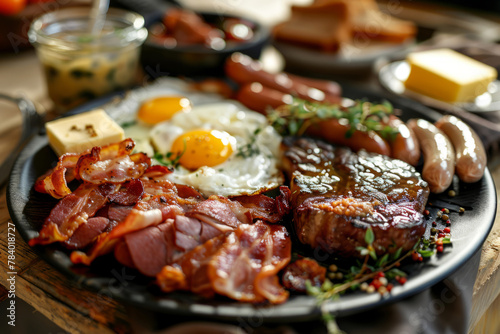 Plate full of meat, bacon, steak, eggs, sausages, butter and cheese. Generative AI