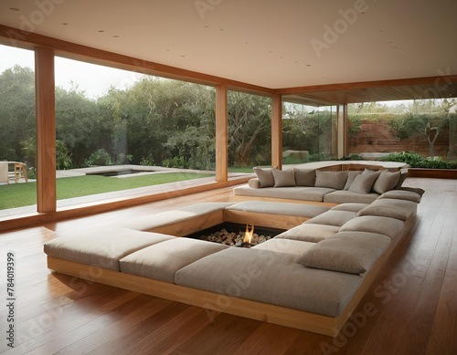 Modern Living Room with Large Sectional Couch and Fire Pit © ART Forge