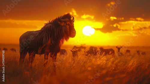   A herd of wild animals atop a grassy field, beneath a vibrant orange-yellow sky, with the sun casting distance © Anna