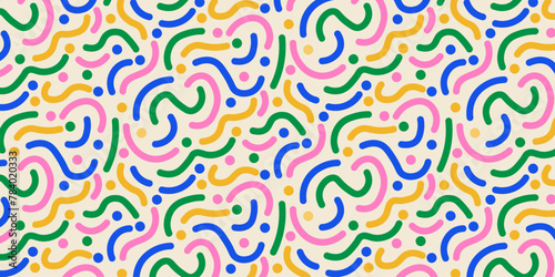 Simple childish colorful line doodle seamless pattern. Editable stroke scribble line. Vector Illustration.