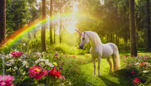 Beautiful fantasy magic forest with rainbow  fantastic unicorn and light spots. . Fairy tale outdoor background. Generative AI.