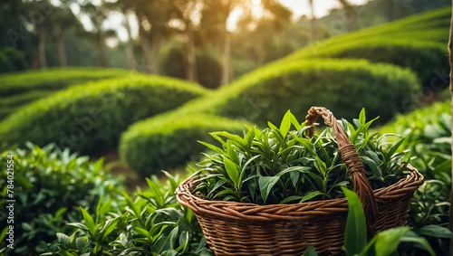 fresh tea leaves in a basket on the background of a plantation