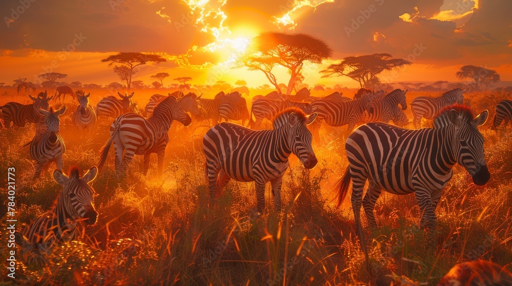 Naklejka premium A herd of zebras grazes on a grassy field, bordering a forest teeming with trees as the sun sets