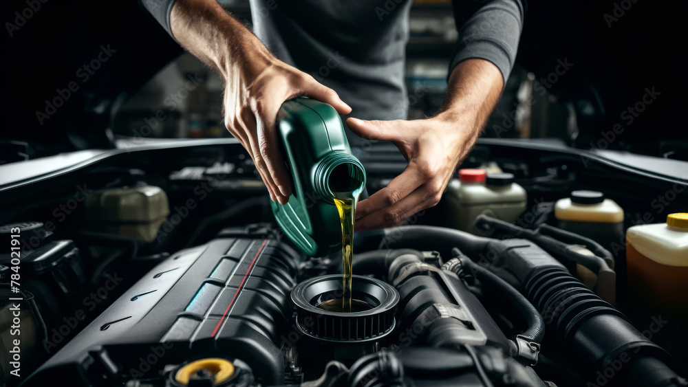 Mechanic Pouring Engine Oil into Car for Maintenance Work