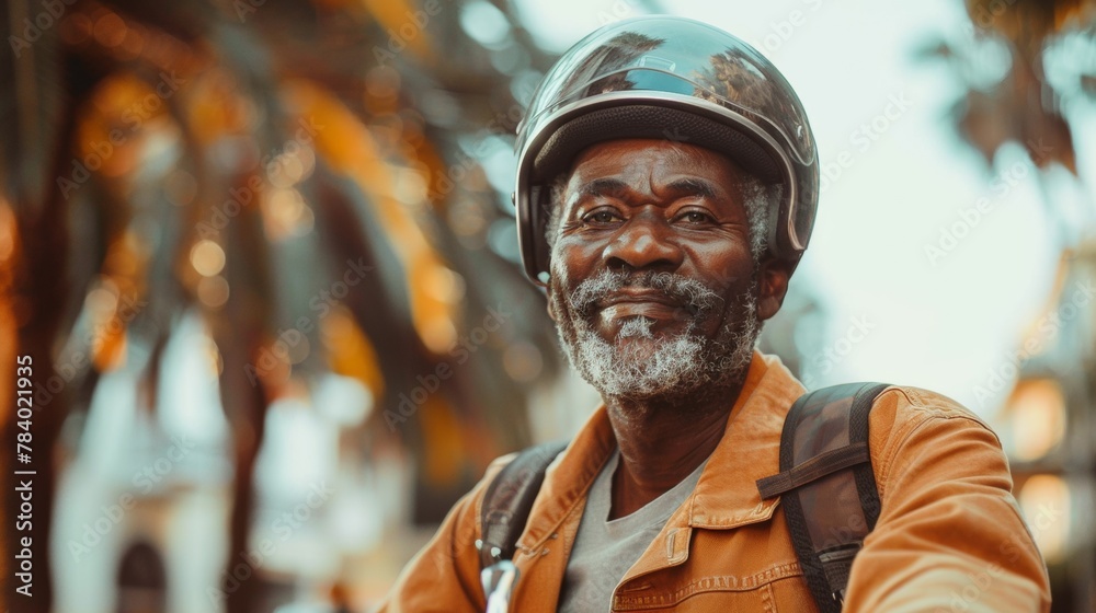 Happy african american senior mature man wearing helmet sitting on motor bike or scooter on urban road. Happy african american senior mature man wearing helmet sitting on motor bike or scooter on urban road.