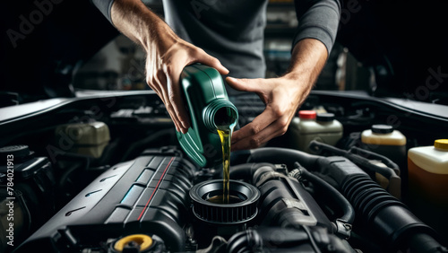 Mechanic Pouring Engine Oil into Car for Maintenance Work © ANDREY PROFOTO