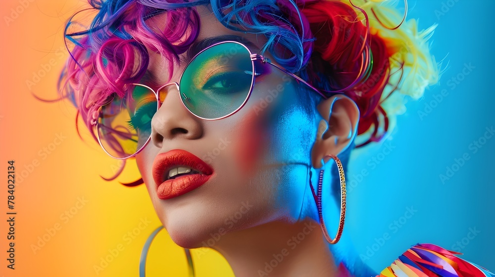 Vibrant and Expressive Fashion Portrait of a Confident LGBTQ Individual Showcasing a Unique Hairstyle and Dramatic Makeup