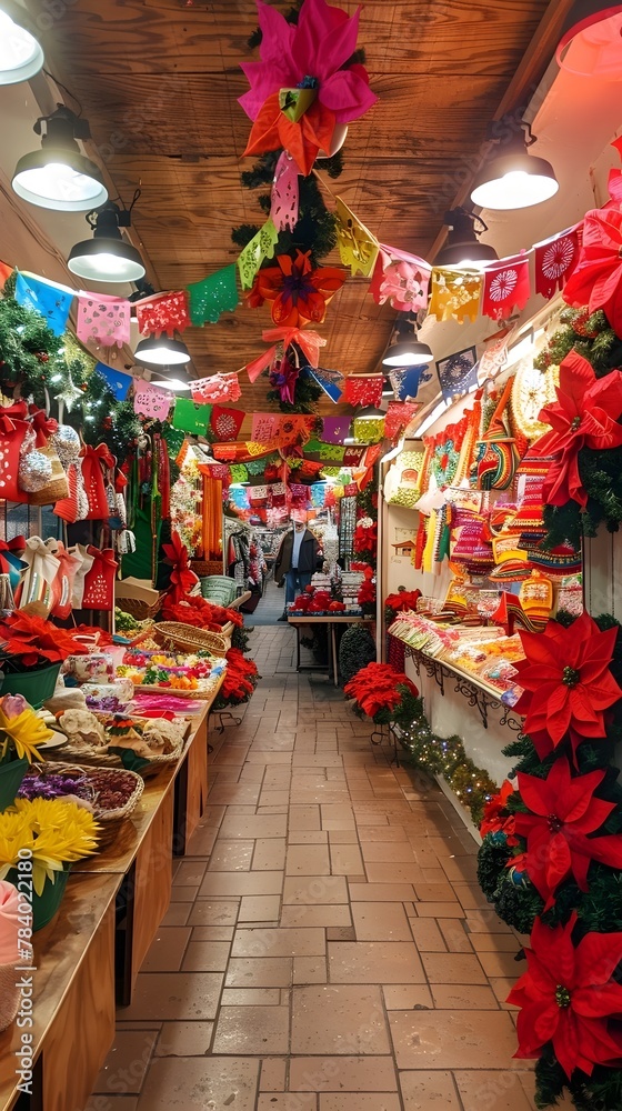 Vibrant Mexican-American Holiday Market with Festive and Merchandise