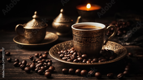 Traditional hot Turkish coffee served in copper cup and beads scattered around. Dark food photography concept.