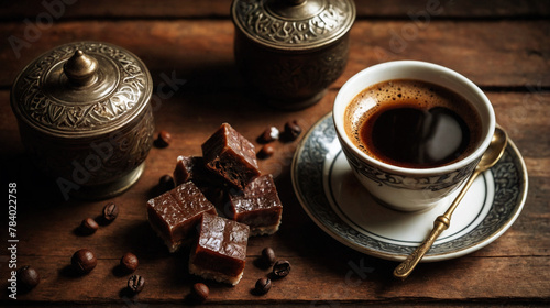 Traditional hot Turkish coffee served in copper cup. Scattered coffee beads over the table and other copper goods on the background. Dark food photography concept.