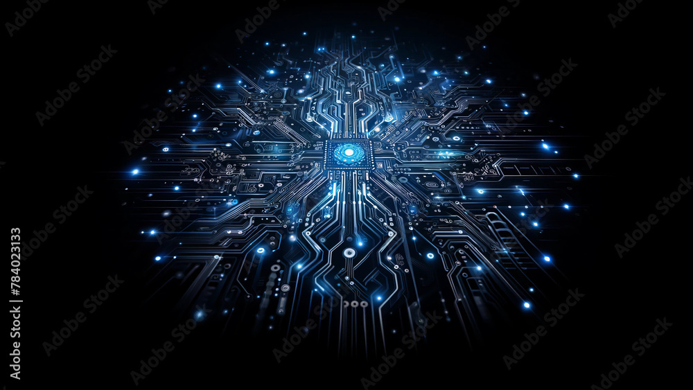 Obraz premium Electronic board with security lock glowing blue