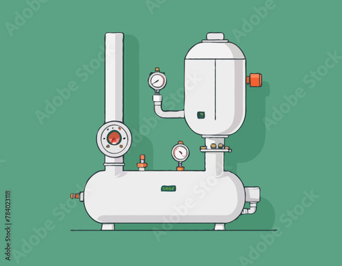 Gas boiler with burner. Water heater. Home furnace isolated on green background. System of combi heating. White smart gas boiler for heat water with hot and cold pipe, gas and control. Vector
