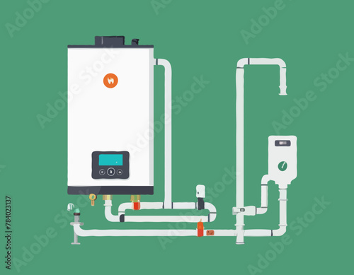 Gas boiler with burner. Water heater. Home furnace isolated on green background. System of combi heating. White smart gas boiler for heat water with hot and cold pipe, gas and control. Vector
