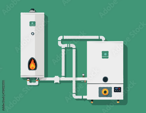 Gas boiler with burner. Water heater. Home furnace isolated on green background. System of combi heating. White smart gas boiler for heat water with hot and cold pipe, gas and control. Vector
