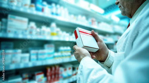 Pharmacist checking date expiry medication box in a pharmacy photo