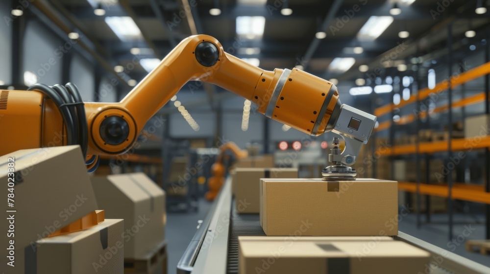 A robotic arm picking items off a conveyor belt and placing them in a box. The arm is moving quickly and accurately, and the items are being placed A robotic arm picking items off a conveyor belt and placing them in a box. The arm is moving quickly and accurately, and the items are being placed