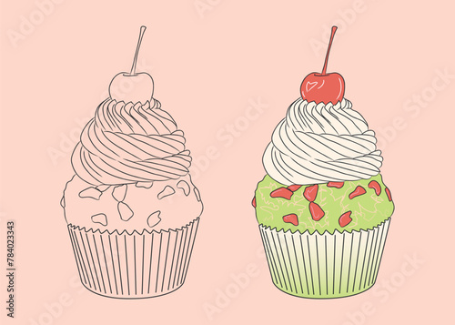 Pistachio cupcake with colored frosting, sweet cream and cherry on top. vector isolated dessert illustration