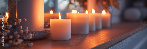 Macro shot of a collection of decorative candles on a mantel, hyperrealistic photography of modern interior design