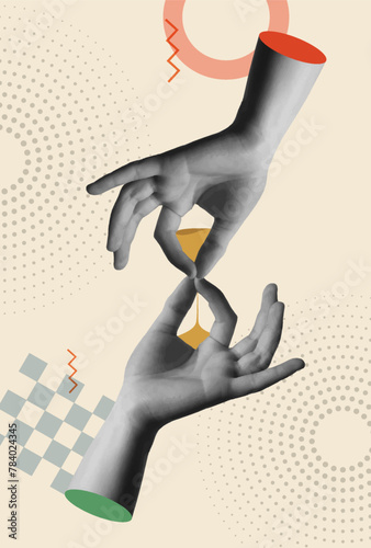 Time concept with hourglass and hand in retro 80s collage vector illustration © Cienpies Design