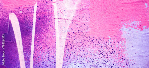 Messy paint strokes and smudges on an old painted wall. Pink, purple, white color drips, flows, streaks of paint and paint sprays © vejaa
