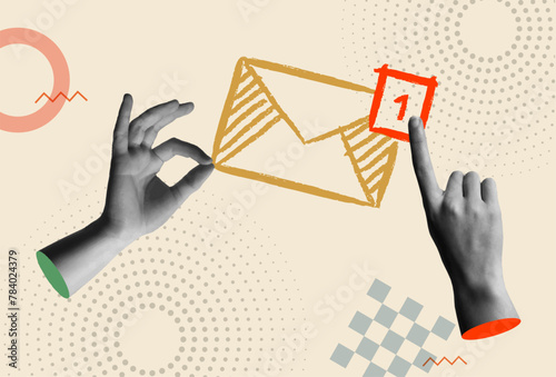Inbox mail message notification and hand in retro collage vector © Cienpies Design