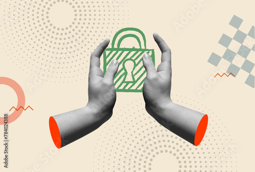 Security padlock and human hands in retro collage vector illustration
