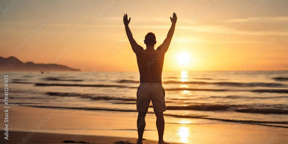 Happy man raising arms up enjoying sunset on the beach - Delightful traveler standing with hands up looking morning sunrise - traveling, wellness and healthy life style concept
