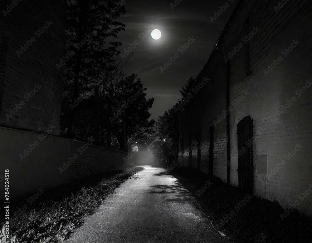 Black and white image of a dark alley under a full moonlight generated with wines and tress on the sides