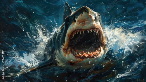 Artistic Ocean Predator Portrait. Hyper-Realistic Shark Painting with Dramatic Details.