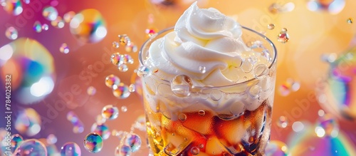 A glass of soda topped with whipped cream surrounded by sparkling bubbles