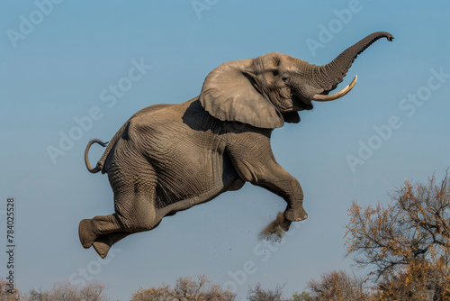 An elephant is jumping in the air. The elephant is in the middle of the sky and is surrounded by trees. flying elephant