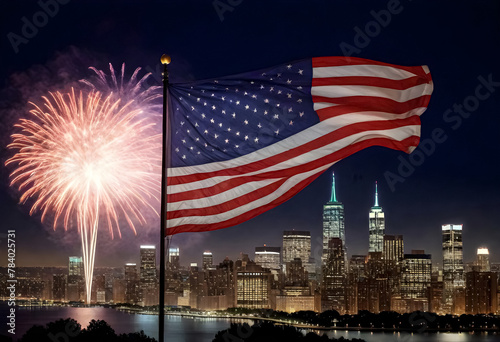 an american flag with city scape of manhattan buildings and fireworks