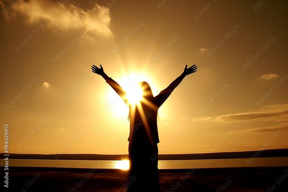 Silhouette of a woman standing at sunset, with raised arms in worship and praise, symbolizing