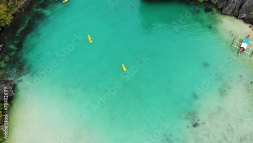 Top view of canoe. people boating in the sea