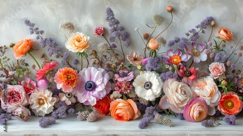  A tight shot of an arrangement of flowers on a shelf before a wall-hung painting depicting similar blooms