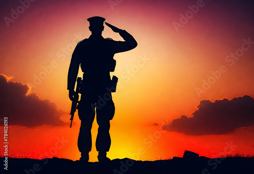 a silhouette of a soldier salute to the sunset sky