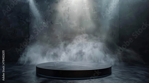 Stone black podium in a smoky setting, dark background. Platform to display a product (Generative AI)