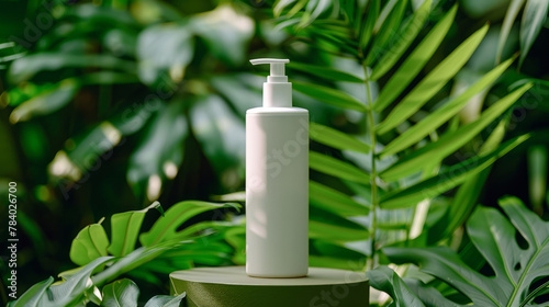 A bottle of lotion is sitting on a green leaf. The bottle is white. Concept of relaxation and self-care. Stylish shampoo stand, small white bottle in the center against a background of lush greenery.